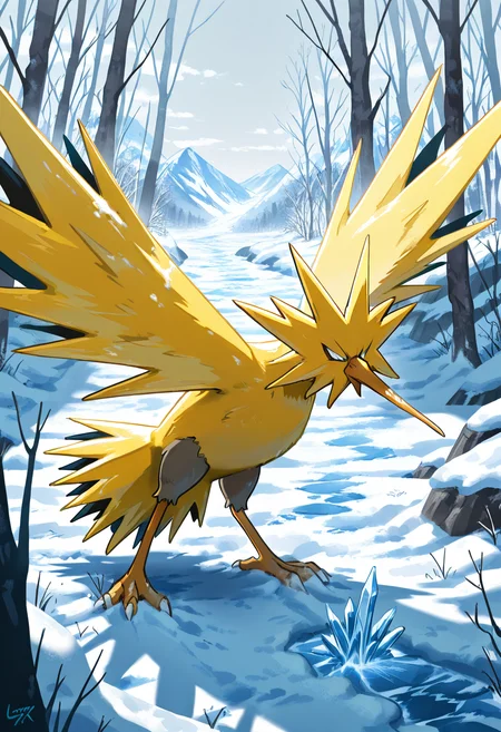 masterpiece, best quality,     zzZapdos, snow storm, ice,  ,,<lora:ZapdosPokedex_IXL_v1:1.0>,