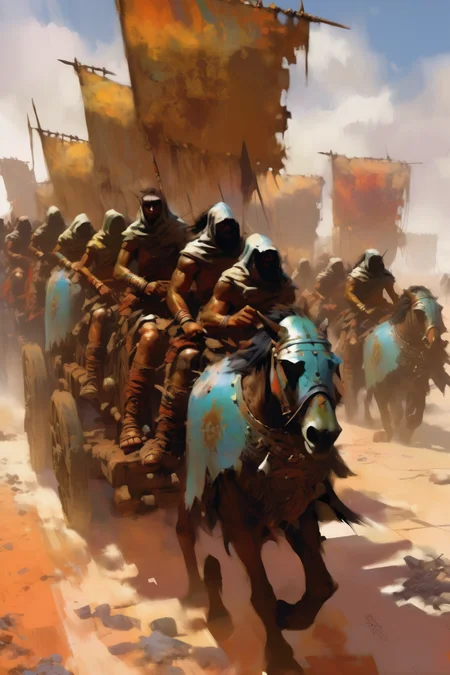<lora:Craig Mullins Style:1>Craig Mullins Style - art by Craig Mullins, oil painting, colorful, impressionism, A caravan of battle-hardened warriors races across the harsh terrain of Bahia, their makeshift vehicles kicking up clouds of dust in their wake. Their armor is cobbled together from scrap metal and leather, and their faces are marked with the scars of countless battles. They are a fearsome sight, yet they fight for the survival of their people. Fierce, relentless, resourceful, loyal, colorful, art