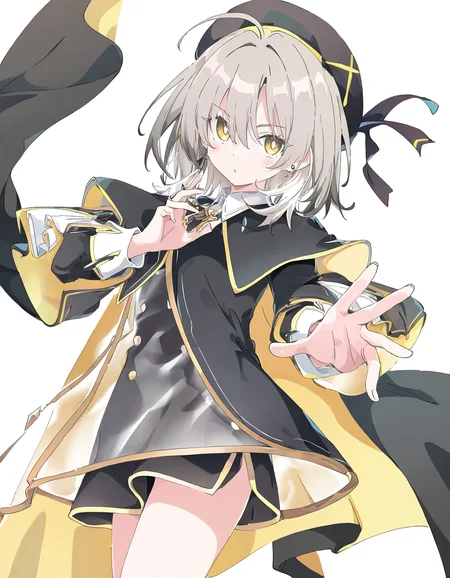 solo,1girl,looking at viewer,zhegeshichen,(white background:1.2),(simple background:1.3),white background,cowboy shot,<lora:zhegeshichen:1>,grey hair,yellow eyes,four fingers,, masterpiece, best quality, very aesthetic, absurdres,newest, incredibly absurdres,, (Ixy:0.6)),(hiten \(hitenkei\):0.7),