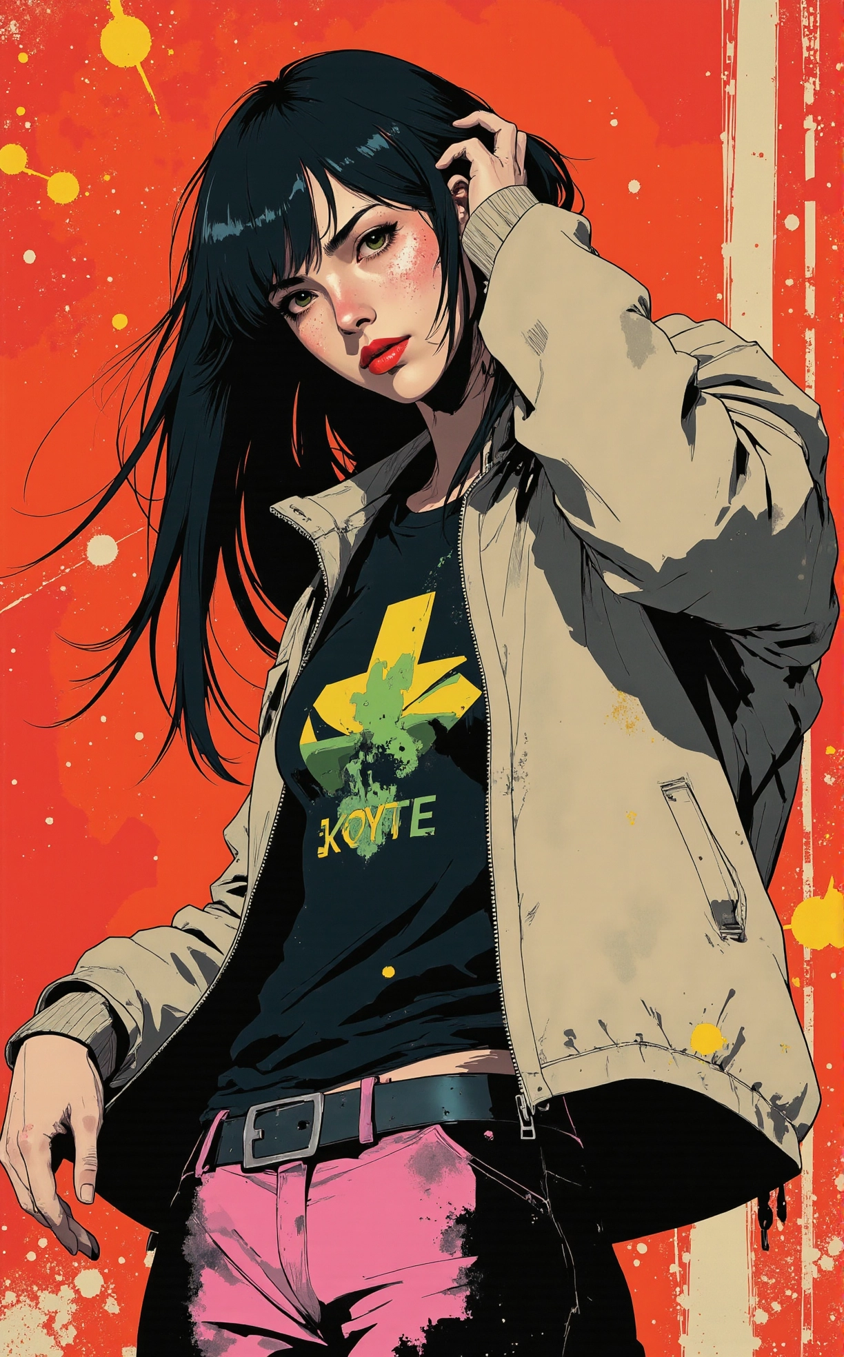 (off-center composition, left aligned),a young erotic posing street wear clothing woman, thick red lip stick, erotic eyes, anime artwork comic anime art by Shotaro Ishinomori, Manga, figurativism art by Francis Newton Souza, Painting, , Expressionism, bold colors, figurative, Manga illustration, dynamic characters, sci-fi themes, action-packed narratives . graphic illustration, comic art, graphic novel art, vibrant, highly detailed . anime style, key visual, vibrant, studio anime, highly detailed