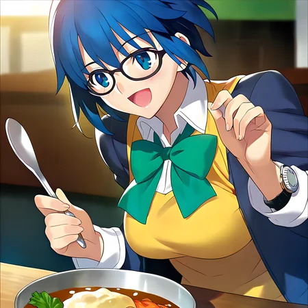 <lora:pony_xl_ciel:0.8>,ciel,score_9,score_8_up,score_7_up,source_anime,1girl,black-framed eyewear,breasts,black open jacket,green bow,collared shirt,yellow vest,restaurant,curry rice,curry,curry and rice,table,clutching a spoon,holding a spoon,(watch the cooking:1.2),smile,:d,the best smiles,shine your eyes,blush,i'm glad,excitement,open your mouth,upper_body,front view,curry seniors,ignore viewers,