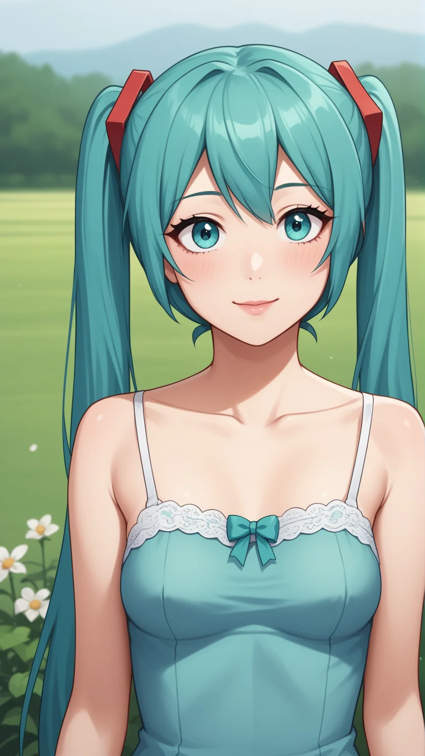 score_9, score_8_up, score_7_up, BREAK source_anime, best quality, masterpiece, ultra detailed,
<lora:Everlasting_Summer_Miku_by_GraffMetal:0.7>, miku, aqua hair, aqua eyes, twintails, long hair, very long hair, 1girl, solo,
black eyeliner cat eye,
short sundress, aqua sundress, spring, outdoors, flower field, vivid colors, small breasts, bow, lace, portrait, upper body, blush, cute, cozy, light smile, pink lips,
amazing background,
lookin at the viewer, looking at the camera,