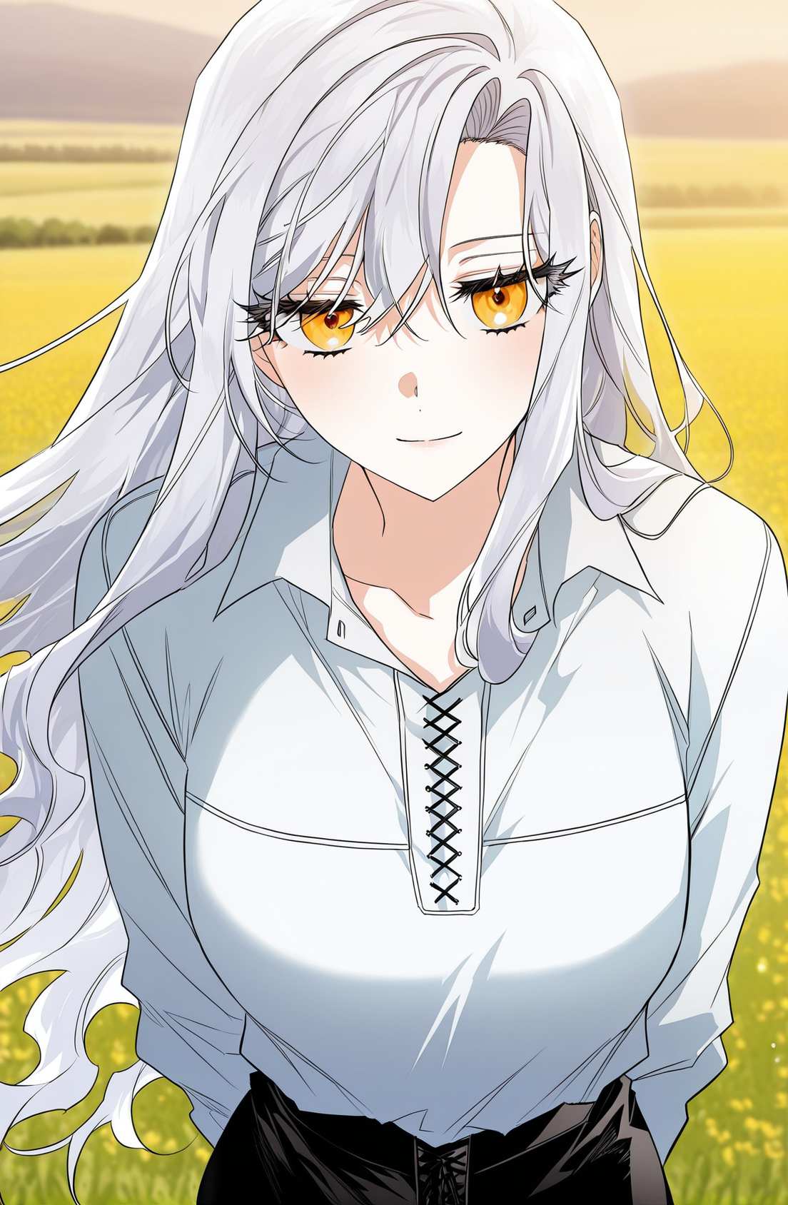 <lora:Sigrid__Sigrid__Illustrious v2:1>
Sigrid, 1girl, solo, long white hair, golden eyes, white blouse, black pants, casual outfit, beautiful, relaxed pose, slim athletic body, flowing hair, sigrid_white_casual_outfit
score_9, score_8_up, score_7_up, very aesthetic, source_anime, detailed, high quality, beautiful, masterpiece, detailed eyes, field, blurry background, pose dynamic angle, upper body, cowboy shot, light smile, floating hair, half-closed eyes, hands behind back, leaning forward, looking forward, looking at viewer