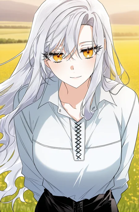 <lora:Sigrid__Sigrid__Illustrious v2:1>
Sigrid, 1girl, solo, long white hair, golden eyes, white blouse, black pants, casual outfit, beautiful, relaxed pose, slim athletic body, flowing hair, sigrid_white_casual_outfit
score_9, score_8_up, score_7_up, very aesthetic, source_anime, detailed, high quality, beautiful, masterpiece, detailed eyes, field, blurry background, pose dynamic angle, upper body, cowboy shot, light smile, floating hair, half-closed eyes, hands behind back, leaning forward, looking forward, looking at viewer