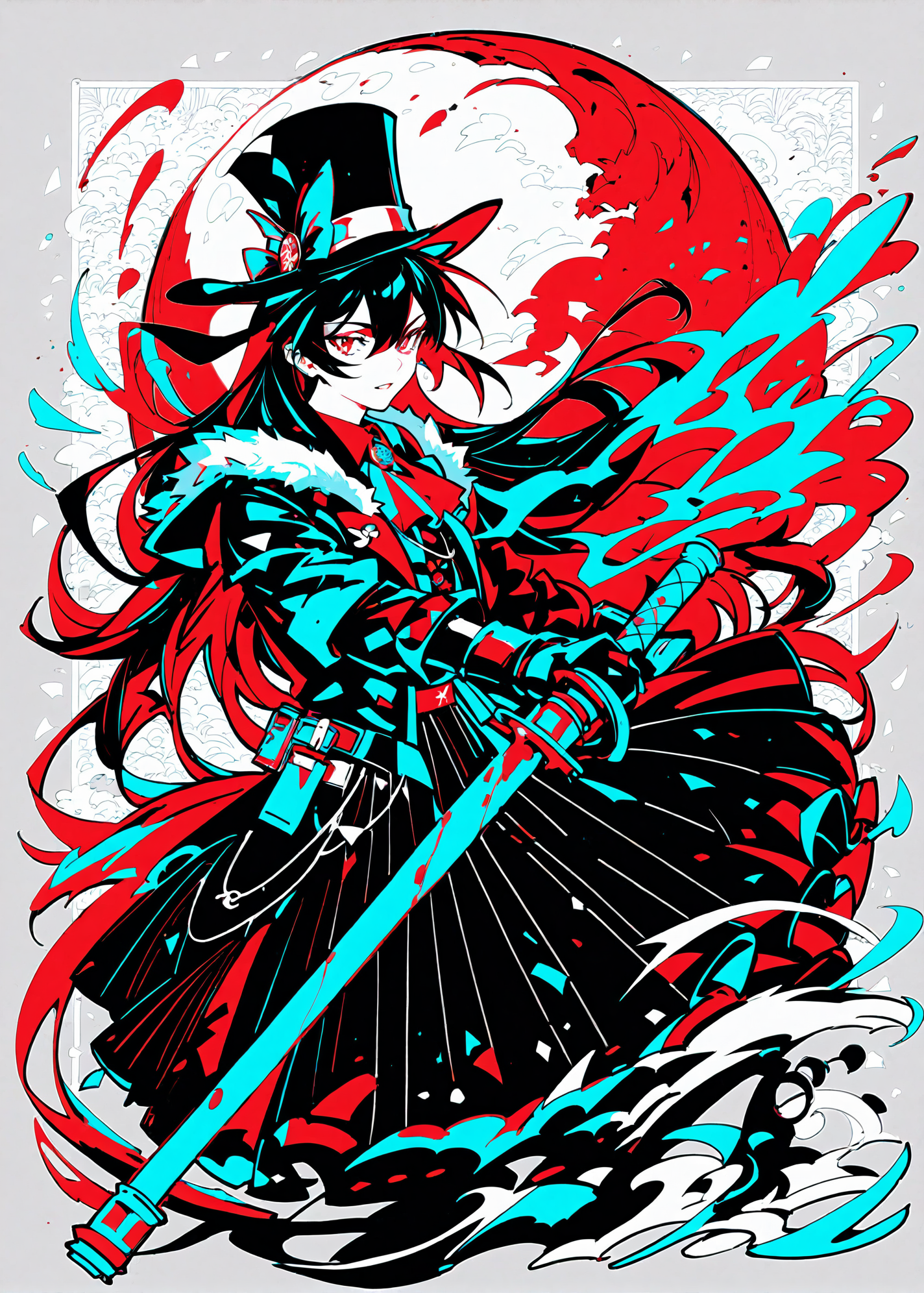 (score_9,score_8_up,score_7_up),
<lora:GIAST STYLE_tpony:0.8>,
,(giast:1.7),(colorful:1.3),(white background:1.2),,flat color, limited palette, low contrast,multicolored hair,
 year 2023, 1girl, hat, moon, top hat, dress, 1boy, glowing, gloves, black hair, black dress, black headwear, red moon, full moon, blood, tail, fur trim, mask, weapon, night, claws, long hair, best quality, amazing quality, very aesthetic, absurdres