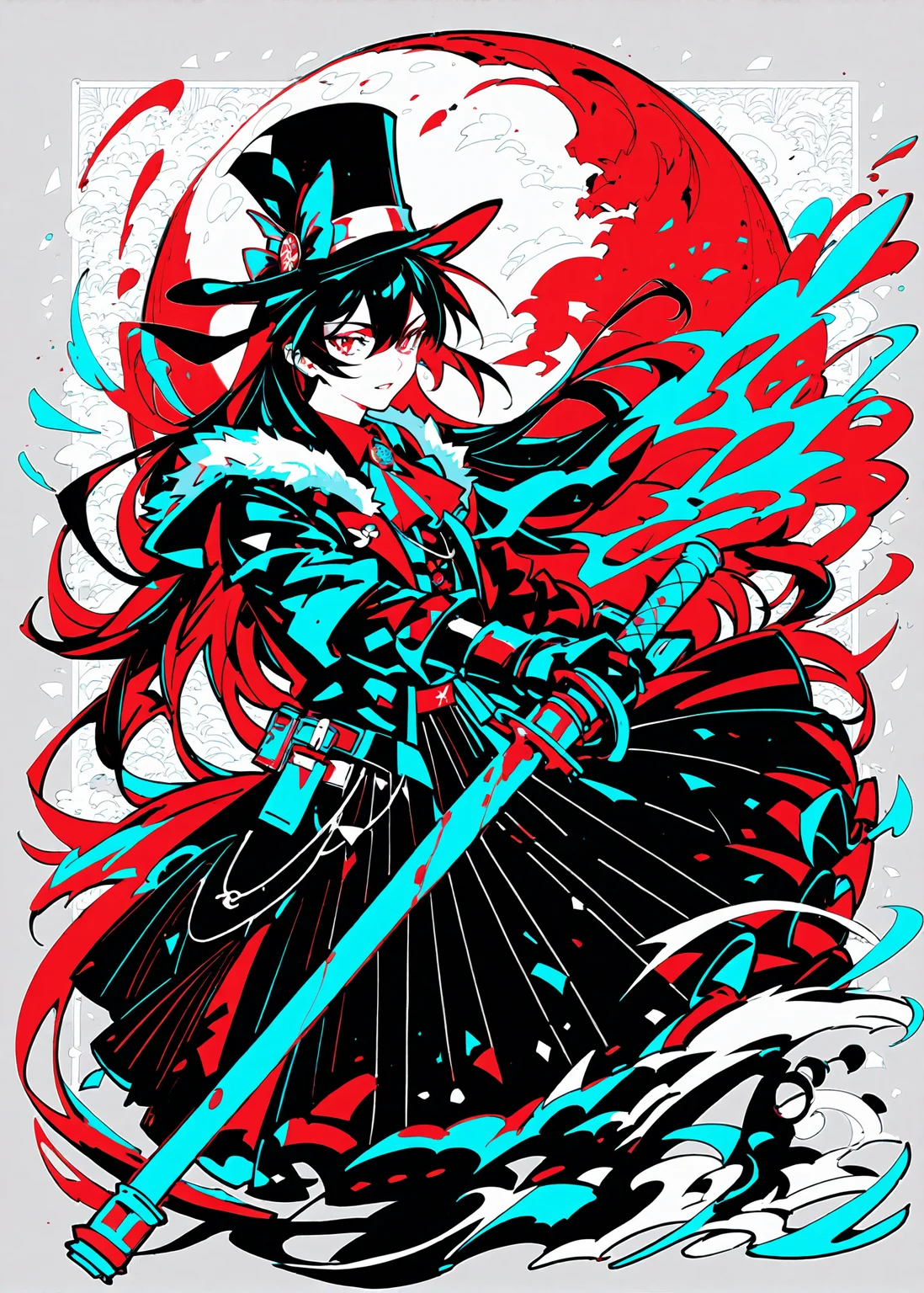 (score_9,score_8_up,score_7_up),
<lora:GIAST STYLE_tpony:0.8>,
,(giast:1.7),(colorful:1.3),(white background:1.2),,flat color, limited palette, low contrast,multicolored hair,
year 2023, 1girl, hat, moon, top hat, dress, 1boy, glowing, gloves, black hair, black dress, black headwear, red moon, full moon, blood, tail, fur trim, mask, weapon, night, claws, long hair, best quality, amazing quality, very aesthetic, absurdres