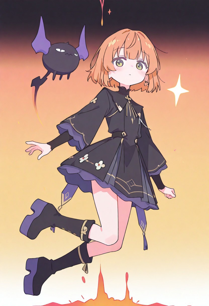 masterpiece,best quality, newest, Smooth, very awa, very aesthetic, flat colors,
Colorful themes, High Saturation, haiz_ai, orenji,
<lora:ponyv6_noobE11_2_adamW-000017:0.9> <lora:MeMaXL4:0.8> <lora:veluflora-wai:0.35> <lora:haiz_ai_illu:0.7>, allegro, orenji, haiz_ai,
1girl, petite, solo, cute, kawaii, orange hair, bob cut, green eyes, fair skin, messy hair,
narrow waist, dress, white and black dress, black boots, goth fashion, platform highleg boots, looking forward, gradient background, 
fantasy, floating, levitating,