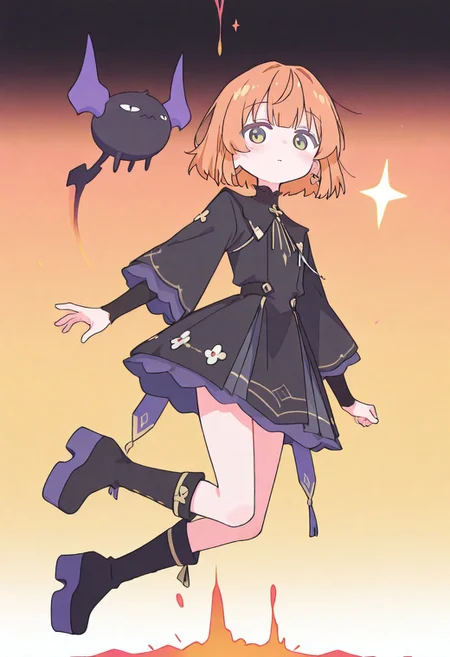 masterpiece,best quality, newest, Smooth, very awa, very aesthetic, flat colors,
Colorful themes, High Saturation, haiz_ai, orenji,
<lora:ponyv6_noobE11_2_adamW-000017:0.9> <lora:MeMaXL4:0.8> <lora:veluflora-wai:0.35> <lora:haiz_ai_illu:0.7>, allegro, orenji, haiz_ai,
1girl, petite, solo, cute, kawaii, orange hair, bob cut, green eyes, fair skin, messy hair,
narrow waist, dress, white and black dress, black boots, goth fashion, platform highleg boots, looking forward, gradient background,
fantasy, floating, levitating,