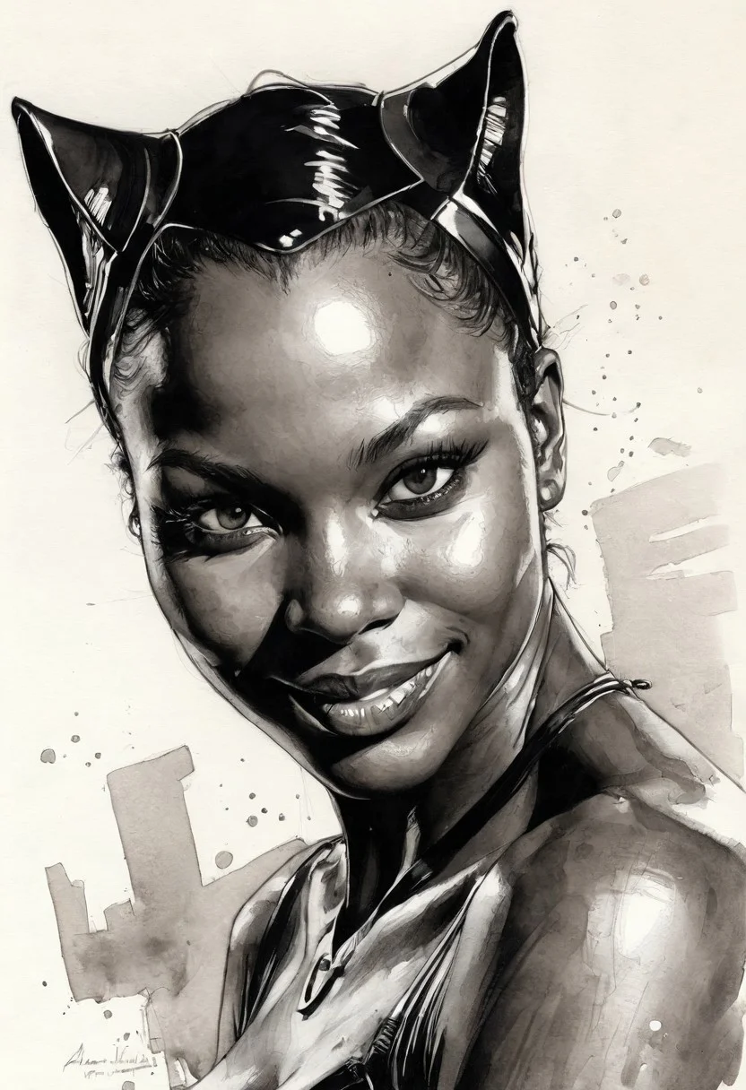 front view of Catwoman, african woman, dark skin, extremely beautiful, very young, she is looking to the viewer, she is smiling, black ink engravement, Steve McDonald style, Michael Garmash style, Adam Hughes style, neutral white background, ultra realistic, hyper detailed ink sketch, watercolor fill, black and white style