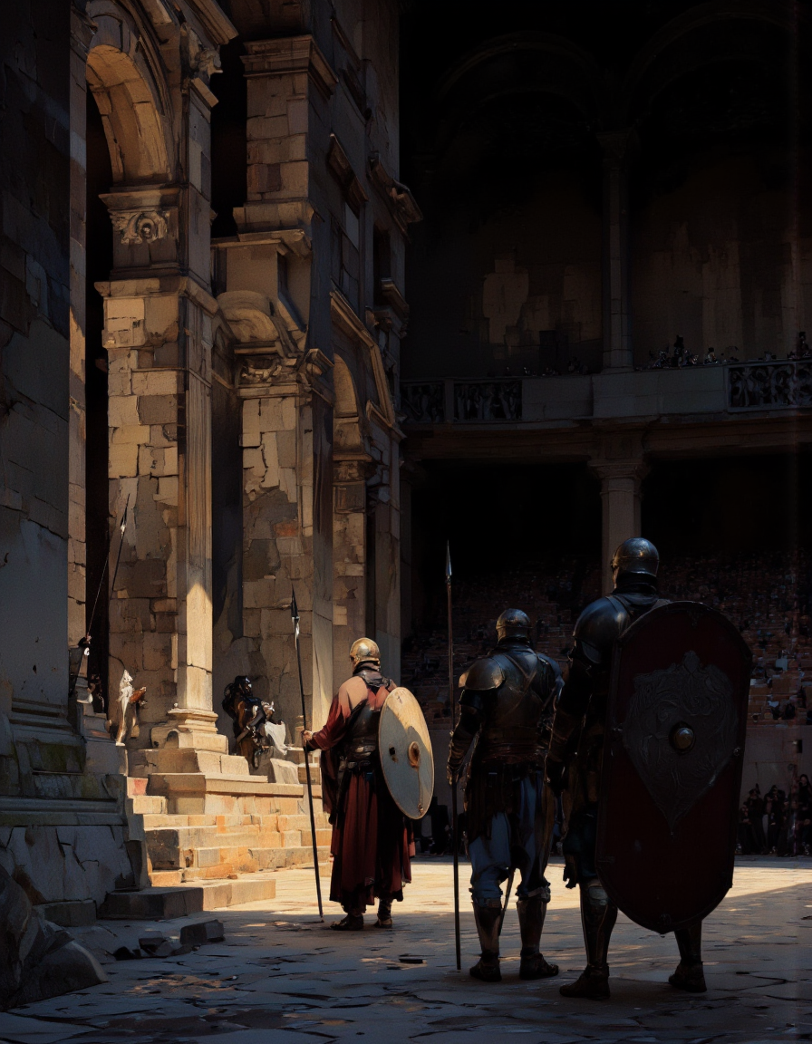 Art by Richard Anderson. A dramatic digital illustration shoot from the side about a dark, ancient theater with stone structures and dramatic lighting. the image also shows a dramatic scene of three men standing on the left side of the stage, each holding a spear and shield, facing away from the viewer. on the right side, a man stands with his back to the viewer, holding a sword and shield. he appears to be in his mid-twenties, with a serious expression on his face. he is wearing a helmet and armor, and is positioned in the middle of the image. the other two men are standing on either side of him, facing the same direction. they are wearing helmets and armor. the scene is set in a dimly lit, stone-walled theater, with rows of empty seats visible in the background. the lighting is dramatic, casting shadows and highlighting the men's figures. the overall atmosphere is dark and dramatic, with dramatic lighting and shadows adding to the dramatic effect.