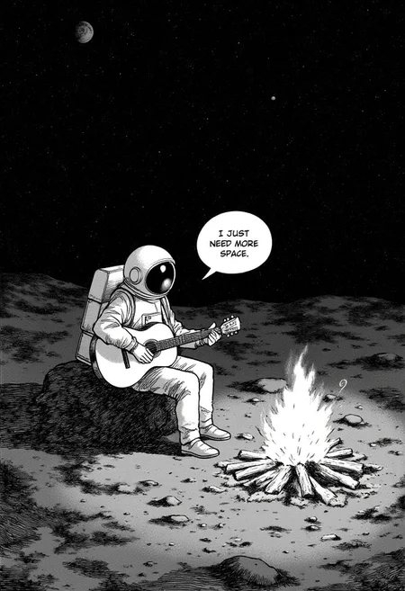 a naoUrasawa style image of a cosmonaut sitting on the moon playing guitar neer a campfire. There is the dark infinite space in background. There is a bubble next to his head with the text "I just need more space." The overal atmosphere of the image is melancholic and peaceful.