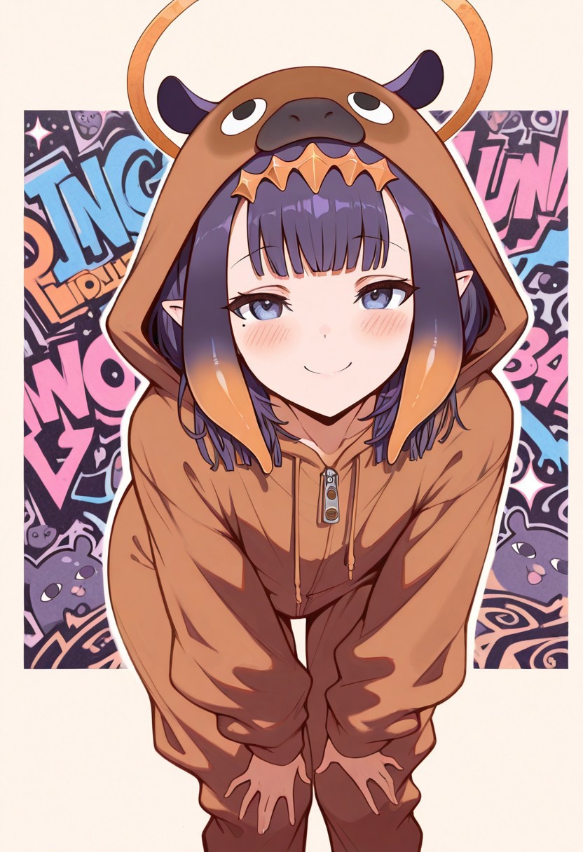masterpiece, best quality, amazing quality,
1girl, ninomae ina'nis from hololive, stunning, wearing a oversized capybara onesie, cute, innocent, fun dynamic pose, naughty expression, cheeky, unique hair, stylish hair, unique hair colour, detailed eyes, flat background, abstract art background, graffiti background, very aesthetic, (very playful),