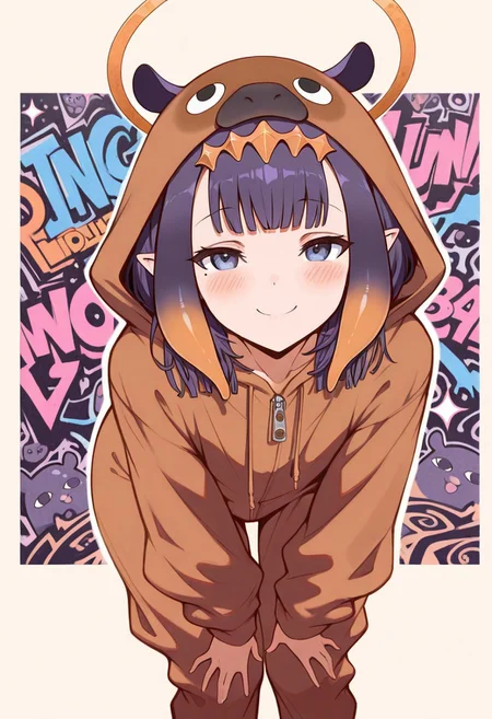 masterpiece, best quality, amazing quality,
1girl, ninomae ina'nis from hololive, stunning, wearing a oversized capybara onesie, cute, innocent, fun dynamic pose, naughty expression, cheeky, unique hair, stylish hair, unique hair colour, detailed eyes, flat background, abstract art background, graffiti background, very aesthetic, (very playful),