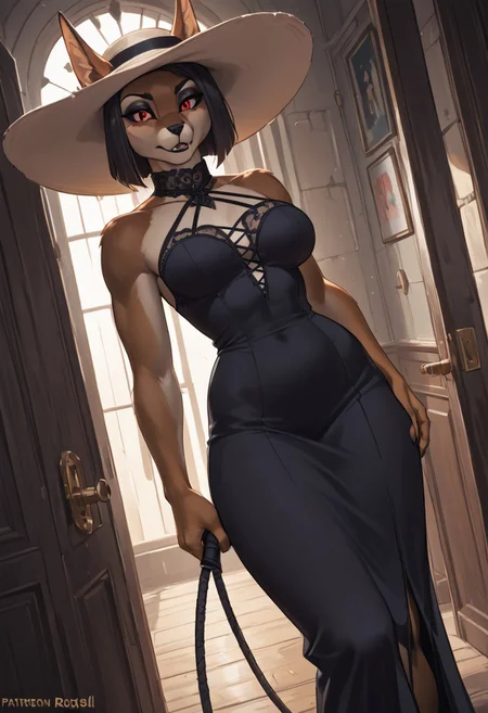 score_9, score_8_up, score_8, score_9, source_furry, furry, girl supermodel, at the gothic castle, (1girl, furry, anthro, jackal:1.2), vampire, ((close up)), unique angle, fangs, (tall, minigiantess), red eyes, ((bent down in doorway)), cramped doorway, black makeup, black lips, ((tall)), pumped muscles, medium breasts, (wide hips), abs, (wearing rich royal black gown), sunhat, (whip, lash:1.3), perfect round ass, thin waist, sexy, female focus, perfect finger anatomy, perfect face, perfect eyes, perfect nose, windows, volumetric lighting, cinematic lighting,