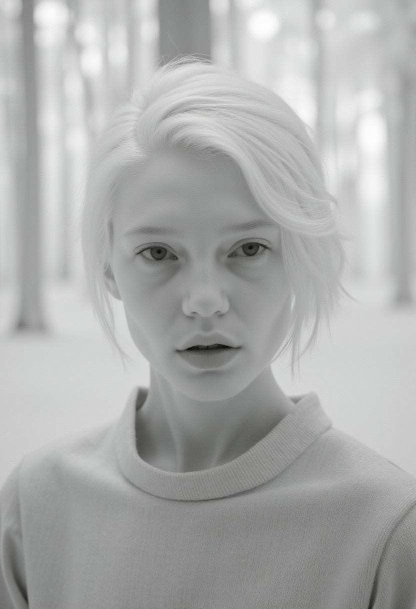 closeup  infrared photo portrait of a beautiful young woman in front of a white forest, white hair, black and white, monochrome