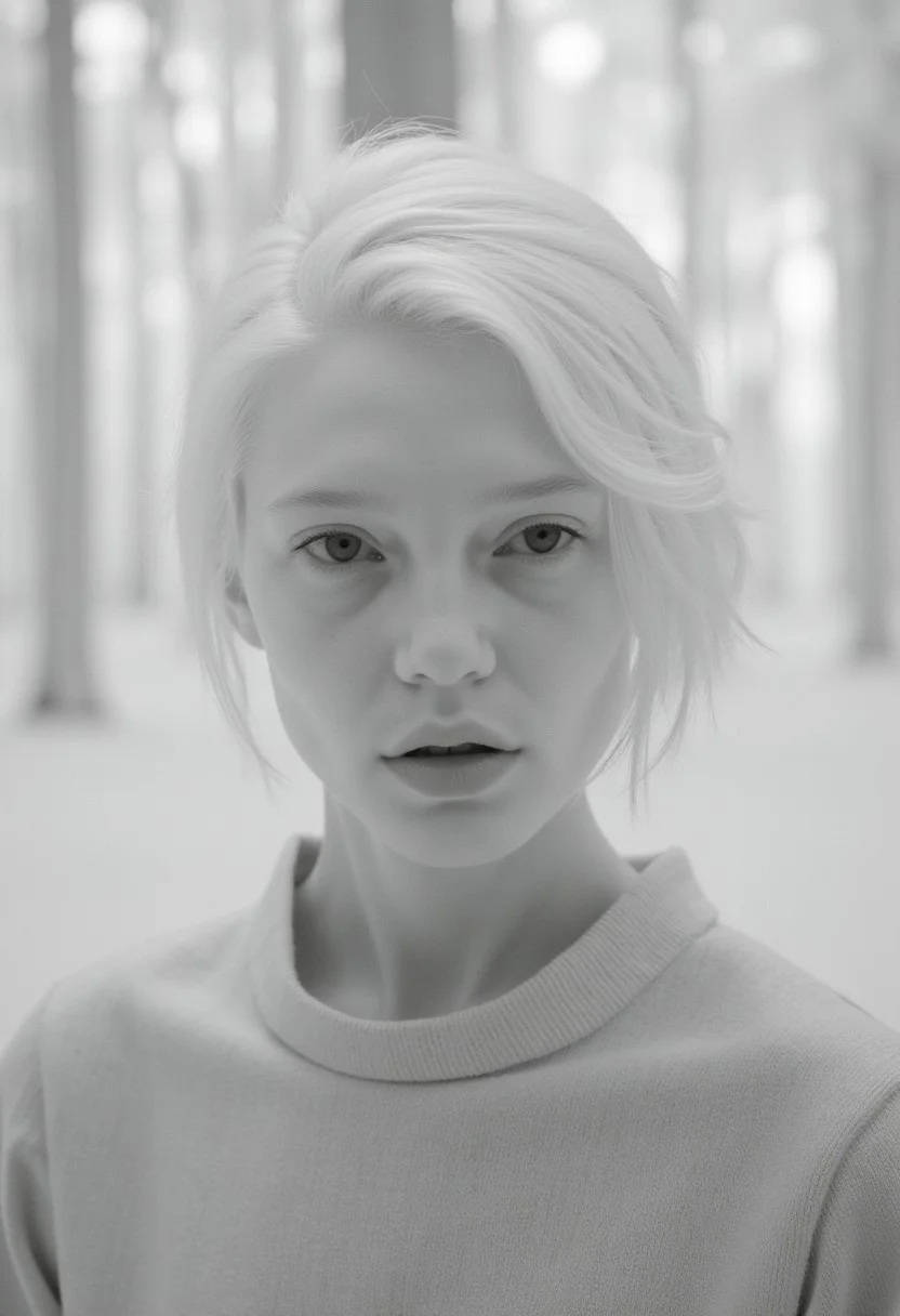 closeup infrared photo portrait of a beautiful young woman in front of a white forest, white hair, black and white, monochrome