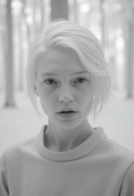 closeup  infrared photo portrait of a beautiful young woman in front of a white forest, white hair, black and white, monochrome