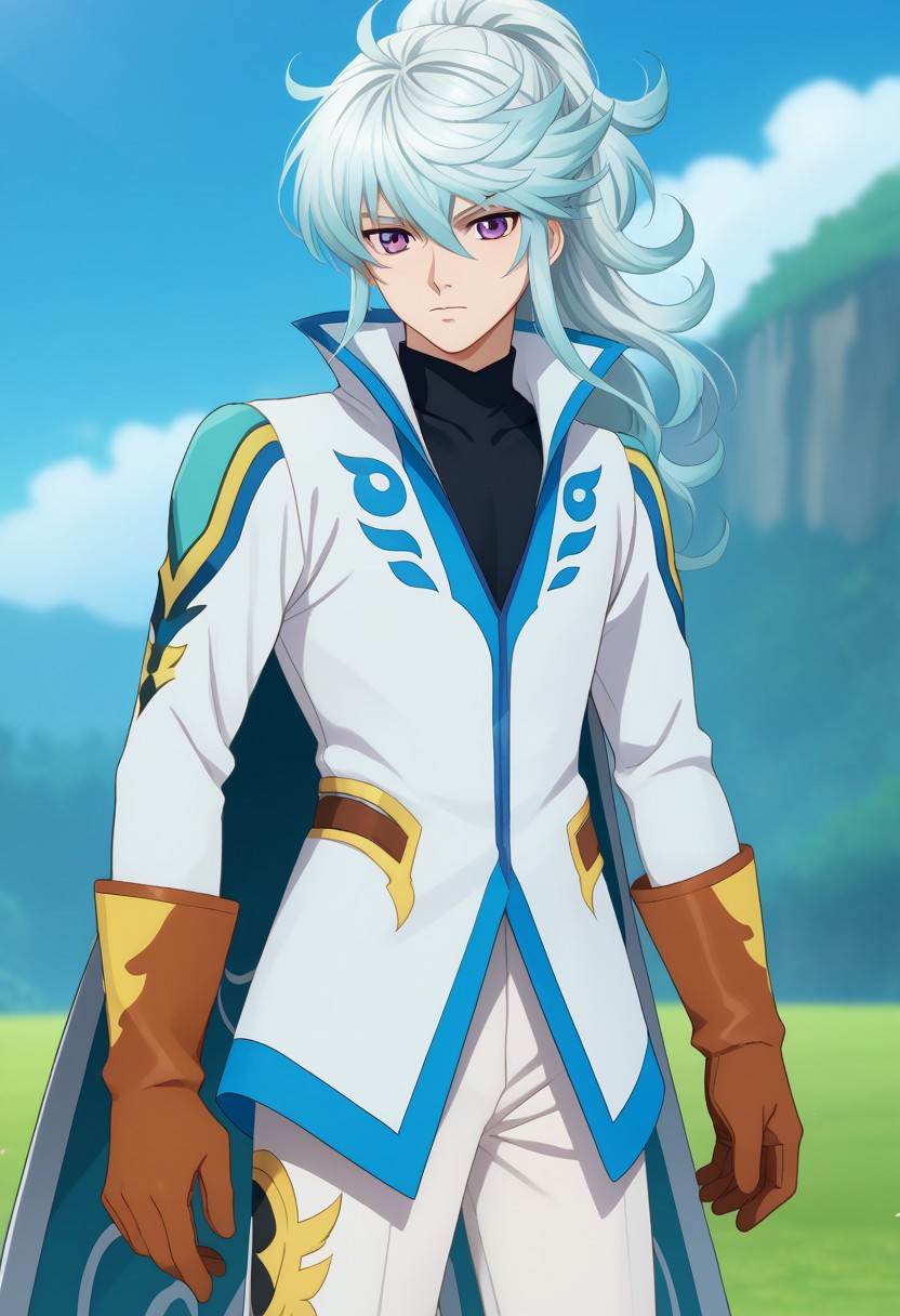 score_9, score_7_up, source_anime
mikleo, 1boy, male focus, solo, aged up, purple eyes, blue hair, long hair, ponytail, swept bangs, hair between eyes, shirt, black shirt, jacket, high collar, multicolored jacket, white and blue jacket, long sleeves, cape, blue cape, gloves, brown gloves, pants, white pants,
outdoor,