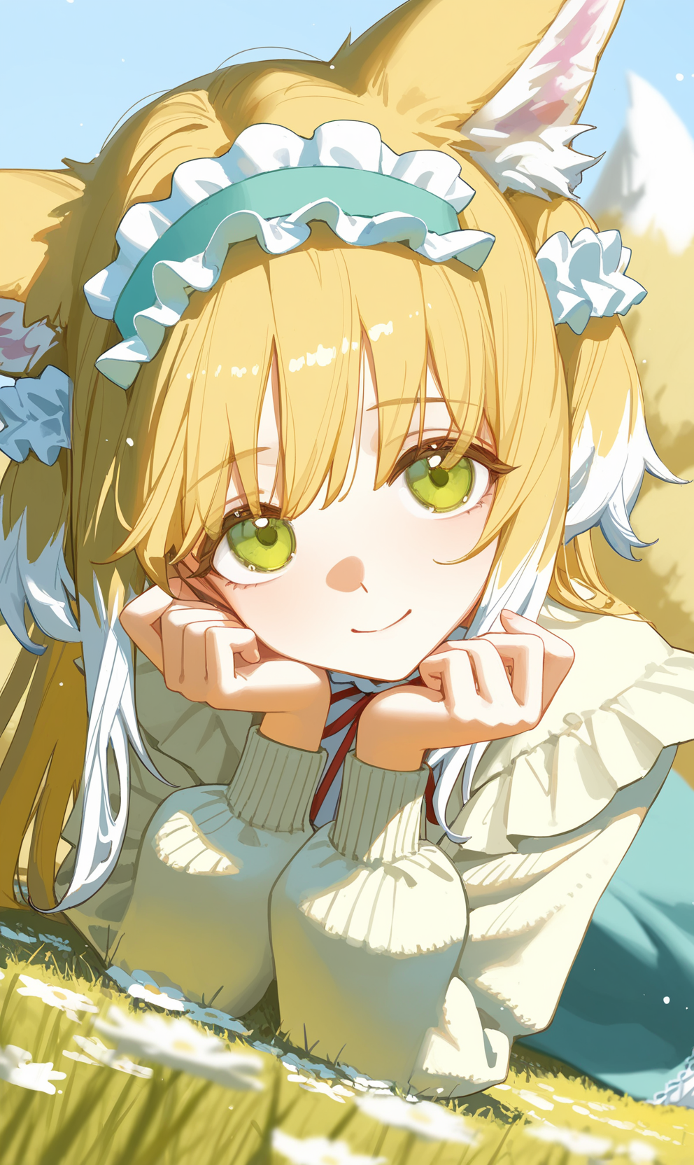 1girl, suzuran \(spring praise\) \(arknights\), (ningen mame:1.1), ciloranko, [sho \(sho lwlw\)], ask \(askzy\), tianliang duohe fangdongye, rhasta, wlop, dynamic angle, dutch angle, on stomach, head tilt, head rest, animal ears, blonde hair, eyes visible through hair, frilled hairband, frilled skirt, grass, green eyes, green hairband, legs up, long hair, long sleeves, looking at viewer, lying, multicolored hair, multiple tails, neck ribbon, official alternate costume, outdoors, plant, red ribbon, ribbon-trimmed skirt, smile, solo, streaked hair, white flower, white pantyhose, white tail, yellow tail, light particles, bloom, depth of field, masterpiece, best quality, good quality, newest, highres, absurdres