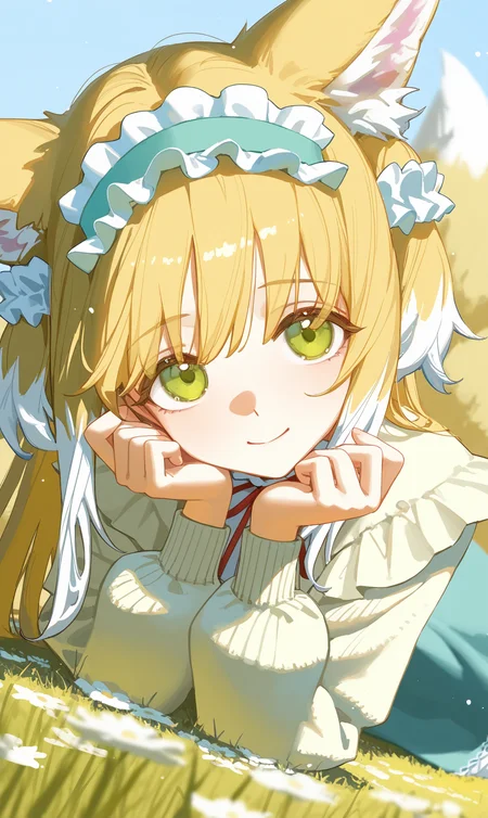 1girl, suzuran \(spring praise\) \(arknights\), (ningen mame:1.1), ciloranko, [sho \(sho lwlw\)], ask \(askzy\), tianliang duohe fangdongye, rhasta, wlop, dynamic angle, dutch angle, on stomach, head tilt, head rest, animal ears, blonde hair, eyes visible through hair, frilled hairband, frilled skirt, grass, green eyes, green hairband, legs up, long hair, long sleeves, looking at viewer, lying, multicolored hair, multiple tails, neck ribbon, official alternate costume, outdoors, plant, red ribbon, ribbon-trimmed skirt, smile, solo, streaked hair, white flower, white pantyhose, white tail, yellow tail, light particles, bloom, depth of field, masterpiece, best quality, good quality, newest, highres, absurdres