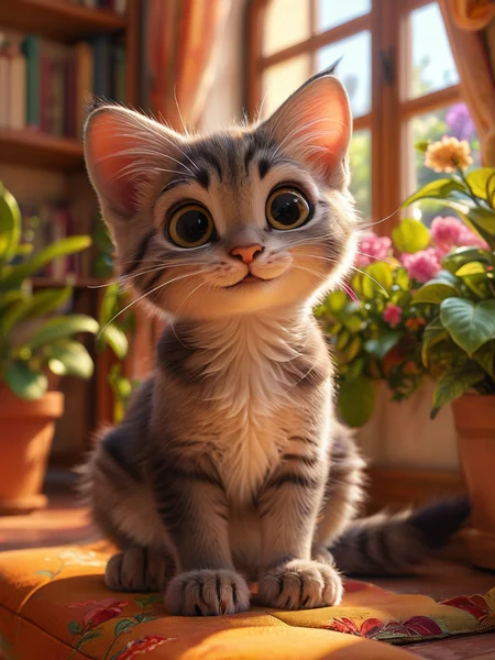 super cute kitten sitting on a cozy armchair, with its fluffy tail curled around its paws.  The background features a warm, sunlit room with a bookshelf and a small, vibrant garden visible through a window.   <lora:Cute_3D_Cartoon:0.8>