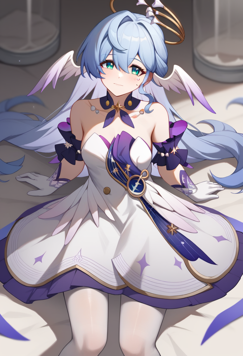 score_9,score_8_up,score_7_up,<lora:robin_pony:1>,1girl,robin_\(honkai:_star_rail\),head_wings,bare_shoulders,white_gloves,detached_sleeves,strapless_dress,white_dress,short_sleeves,white_pantyhose,