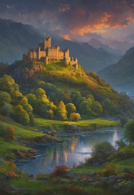 A captivating night scene illustration featuring a beautiful castle on a large hill overlooking a lake in the highlands of Scotland. The castle is ancient but well maintained and updated and comfortable to live in. This enchanting artwork captures a serene and peaceful early morning, where the sun is just starting to rise over the beautiful highlands and castle which stands resolute amidst highlands, creating a cinematic experience., illustration, cinematic
<lora:DonM3t3rn1tyXL-v1.1:0.7>, DonM3t3rn1tyXL,
OverallDetailXL <lora:MJ52:0.3> <lora:SDXLFaeTastic2400:0.4> <lora:EpicF4nta5yXL:0.7>