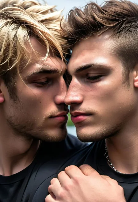 kyle ross, male focus, 2men, two handsome 18yo platinum blonde twinks embracing and kissing, close up of faces kissing, holding each other from behind, hugging from behind, face focus, dynamic posture, dramatic angle, camera angle from below, shirtless, stubble, hands on hip, black dog collar, black neck collar, long chain necklace, shirtless, kinky,
skinny muscled, slender muscled, skinny, slender features, narrow shoulders, detailed armband tattoo, cute face, boyish face, perfect biceps, bicep veins, bulging veins, defined veins, great pecs, thin waist, angular face, strong and powerful, sporty, predatory look, feathered hair, long hair, shoulder length hair, great detail, satisfaction, blue eyes, bubble butt, small ass, small butt, tight shorts,
(Masterpiece, high quality:1.3), masterpiece, depth of field, bokeh, detailed, homoerotic, (homoerotic), highly detailed, sharp focus, intricate, smooth, elegant, fantasy, cinematic lighting, cinematic, masterpiece, matte, photorealistic, 4k, beautiful, volumetric lighting, dramatic, photo-realistic, life-like, high detail, lighting, 8Knematic lighting, 8K, contrast lighting, contrasting lighting, cinematic lighting,