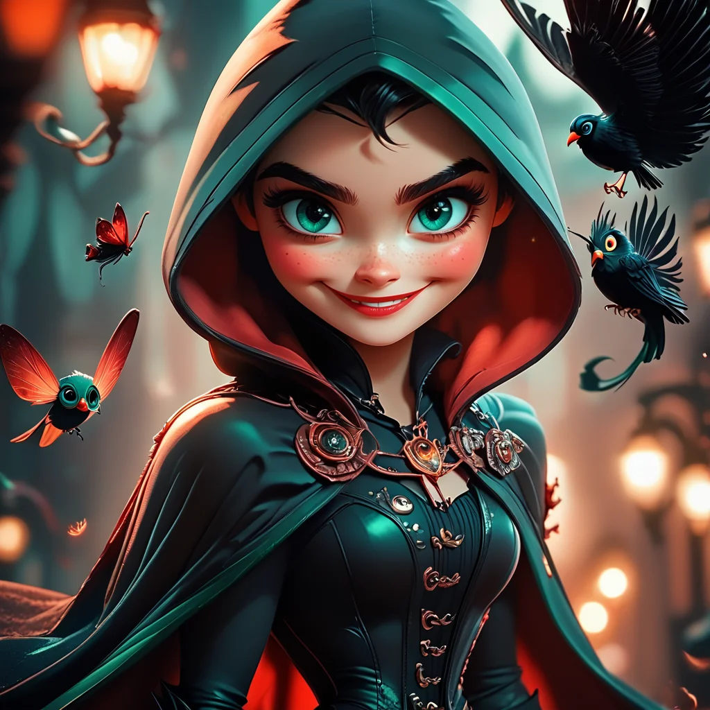 Score_9, score_8_up, score_7_up, score_6_up, BREAK <lora:3D_Fairytales_r2:1> 3D Fairytales, The image shows a woman in a red cloak with a bird flying in the background illuminated by lights. She is wearing a black dress and has a mysterious expression on her face. The background is slightly blurred giving the image an animated feel., hood, smile, solo, 1girl, looking at viewer, gloves, bug, cape, blurry, blurry background