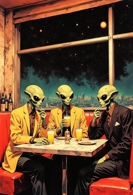 An atmospheric retro-style diner located in space, illuminated by warm vintage lighting and a star-filled cosmic backdrop visible through large windows. Three green-skinned aliens with large black eyes and elongated heads are seated in a red leather booth. Each alien wears retro 1950s-inspired human clothing, such as yellow blazers, plaid shirts, and dark jackets, adding a quirky, anachronistic touch. They are sipping drinks with straws from tall, glowing glasses, while casually engaging in conversation, their expressions subtly contemplative. The table is cluttered with plates, bottles, and napkins, adding a sense of realism.
The stars outside the diner windows sparkle brightly, with a distant view of a futuristic city skyline on the horizon, blending the retro theme with futuristic elements. The scene has a hand-drawn, illustrative quality with detailed textures and warm tones, evoking a blend of sci-fi and mid-century nostalgia. The overall atmosphere is serene, slightly humorous, and surreal, with the aliens seamlessly blending into the human-like diner environment.