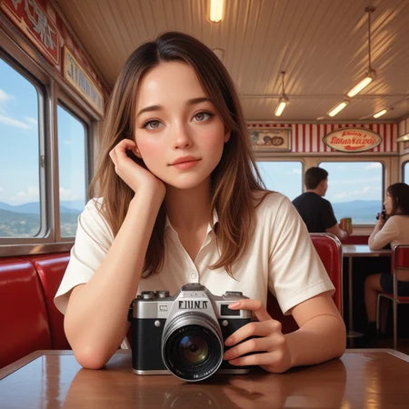 Stable_Yogis_Illustrious_Positives, masterpiece, best quality, amazing quality, absurdres, 8k, BREAK,
View through a camera taking a Picture,
Establishing Shot of one woman looking in love,sitting in an american diner at a table
<lora:NSFWFilter_illusXL_Incrs_v1:-0.5>