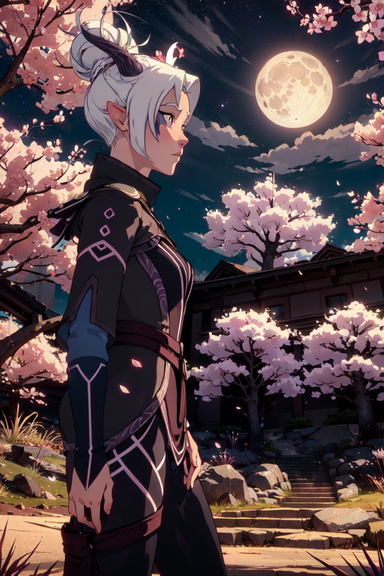 Rayla, horns, purple eyes, standing on a cliff, (night time, moon in background, blue night sky, stars, pink cherry blossom trees, magical forest), (realistic:1.2), (masterpiece:1.2), (full-body-shot:1.2),(from below:1.2), dark romantic lighting, (highly detailed:1.2), (detailed face:1.2), (gradients), colorful, detailed eyes, (natural lighting:1.2), solo, <lora:add_detail:0.3> <lora:DragonPrince_RaylaS4-10:0.8>  <lora:BeautifulEyes:0.3>