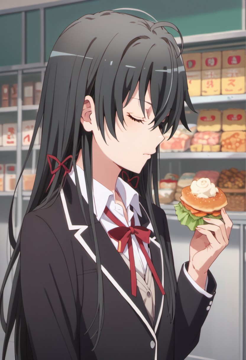 score_9, score_8_up, score_7_up, source_anime, yukinoshita yukino, long hair, black hair, blue eyes, 1girl, closed eyes, sobu high school uniform, school uniform, ribbon, solo, jacket, food, blazer, hair ribbon, black jacket, red ribbon