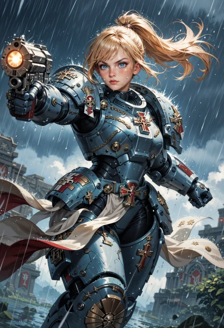 (score_9, score_8_up), score_7_up, <lora:PonyGreyK40k:0.9> GreyK40k, 1girl, solo, blonde hair, ponytail, bang, freckles, blue eyes, power armor, action scene, motion lines, pointing a gun, raining, dutch angle, from below, dynamic
