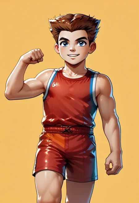 DarirStyle
score_9, score_8_up, score_7_up, highly detailed, cute boy, 1boy, solo,
Lee_Clark, Brown Hair, Pale Blue Eyes, Red wrestling singlet, flexing, sleeveless, thighs
