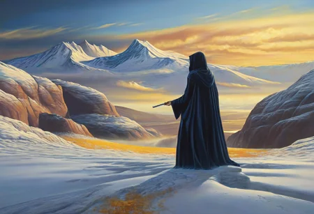 1woman, blonde hair, she's the grim reaper, facing away, rocky hill, standing, black robe blowing in the wind, clouds, sky, sunset, stars, cosmic, in meditation, ultra detailed landscape, bright yellow energy surrounding surrounding her, volumetric lighting, ultra detailed clothes, ultra detailed body, ultra detailed hair, looking at an ancient city made of blue crystals is in the distance, serenity, glowing,
by Natalia Rak and Barclay Shaw in the style of Jessica Rossier, <lora:EnvyAnimeWatercolorXL02:0.60> , Elmore_Style_LX <lora:Elmore_Style_LX-000011:0.60>