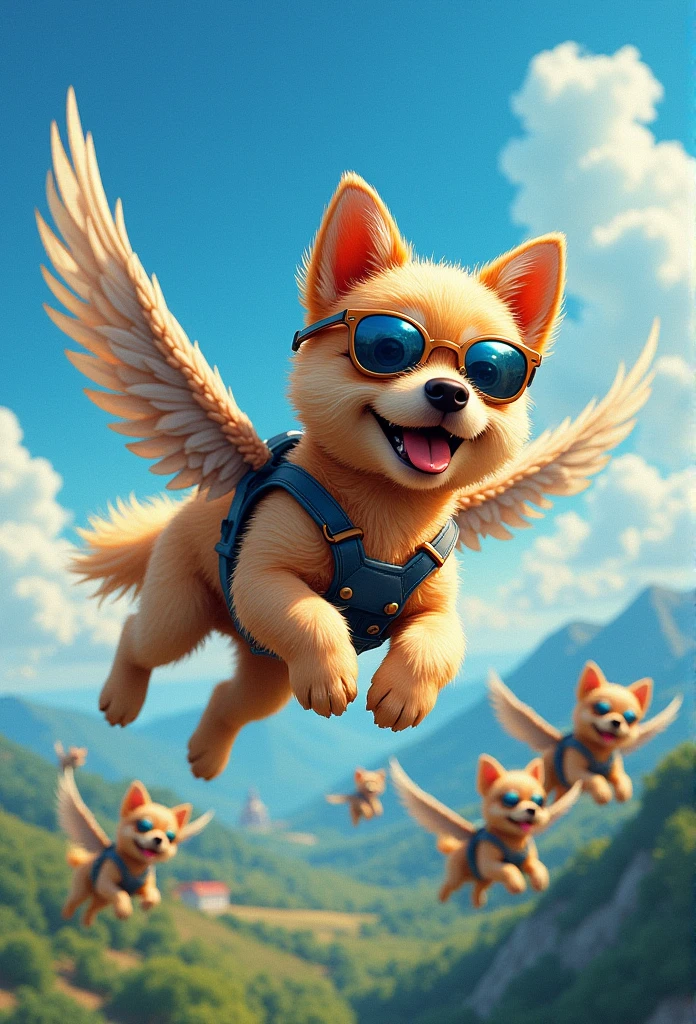 This is a vibrant, CGI-animated image featuring a group of small, fluffy, anthropomorphic dogs in mid-flight. The dogs, with light brown fur and expressive, cheerful faces, are wearing dark blue aviator sunglasses and harnesses. Each dog has a pair of small, feathered wings, giving them a bird-like appearance. The scene is set against a clear, bright blue sky with scattered white clouds. The background shows a lush, green landscape with rolling hills and distant mountains. Several other dogs can be seen in the background, flying in different directions, adding to the dynamic and playful atmosphere. The dogs' fur is soft and fluffy, with a slightly wavy texture, and their expressions are full of joy and excitement. The image is highly detailed, with a focus on the dogs' fur, wings, and accessories. The overall style is whimsical and cartoonish, with a high level of realism in the textures and lighting. The composition is dynamic, with the dogs positioned at various angles, creating a sense of motion and depth. The image exudes a sense of freedom and adventure.