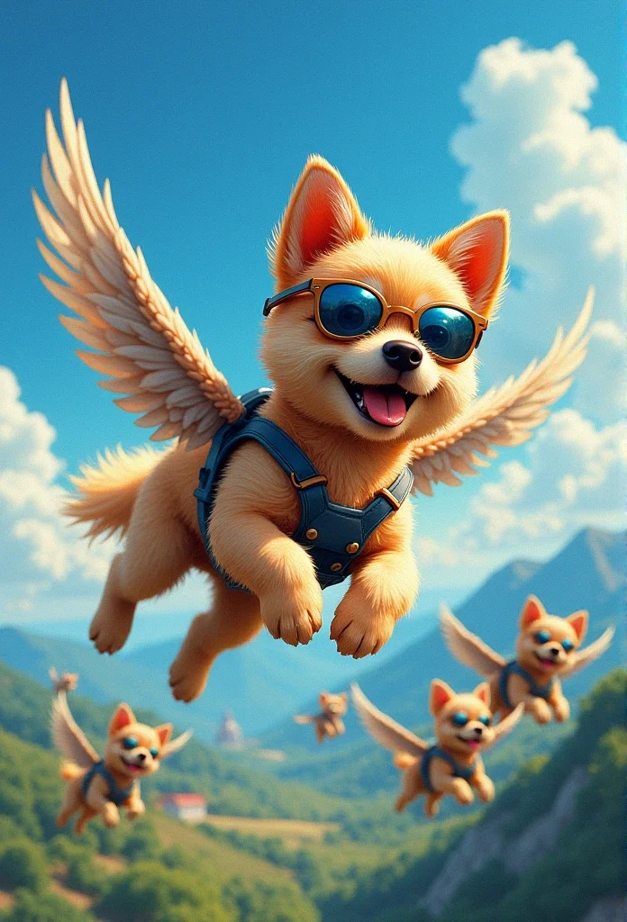 This is a vibrant, CGI-animated image featuring a group of small, fluffy, anthropomorphic dogs in mid-flight. The dogs, with light brown fur and expressive, cheerful faces, are wearing dark blue aviator sunglasses and harnesses. Each dog has a pair of small, feathered wings, giving them a bird-like appearance. The scene is set against a clear, bright blue sky with scattered white clouds. The background shows a lush, green landscape with rolling hills and distant mountains. Several other dogs can be seen in the background, flying in different directions, adding to the dynamic and playful atmosphere. The dogs' fur is soft and fluffy, with a slightly wavy texture, and their expressions are full of joy and excitement. The image is highly detailed, with a focus on the dogs' fur, wings, and accessories. The overall style is whimsical and cartoonish, with a high level of realism in the textures and lighting. The composition is dynamic, with the dogs positioned at various angles, creating a sense of motion and depth. The image exudes a sense of freedom and adventure.