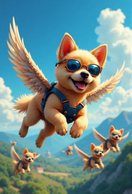 This is a vibrant, CGI-animated image featuring a group of small, fluffy, anthropomorphic dogs in mid-flight. The dogs, with light brown fur and expressive, cheerful faces, are wearing dark blue aviator sunglasses and harnesses. Each dog has a pair of small, feathered wings, giving them a bird-like appearance. The scene is set against a clear, bright blue sky with scattered white clouds. The background shows a lush, green landscape with rolling hills and distant mountains. Several other dogs can be seen in the background, flying in different directions, adding to the dynamic and playful atmosphere. The dogs' fur is soft and fluffy, with a slightly wavy texture, and their expressions are full of joy and excitement. The image is highly detailed, with a focus on the dogs' fur, wings, and accessories. The overall style is whimsical and cartoonish, with a high level of realism in the textures and lighting. The composition is dynamic, with the dogs positioned at various angles, creating a sense of motion and depth. The image exudes a sense of freedom and adventure.