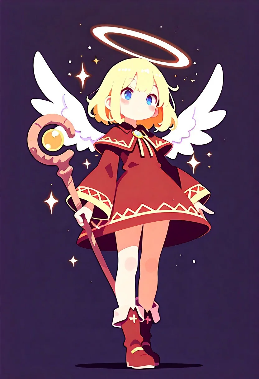 masterpiece, best quality, simple illustration, angel, mage, staff, light spell, no lineart,no outline, cute