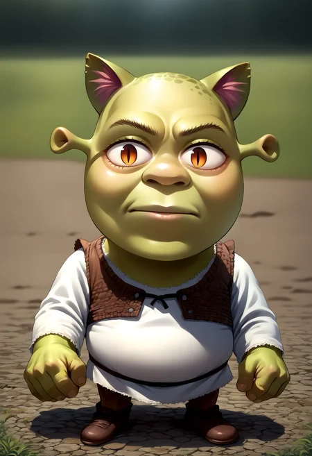 score_9, score_8_up, source_anime, shrek, green skin, <lora:Shrek_XLPD:1>, <lora:necoarc-guy-PONY-v1:1.2> necoarc, slit pupils, cat ears, chibi, :3,