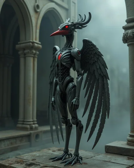<lora:ck-plastic-models.safetensors:1> a diorama of a plastic model kit featuring
In an ethereal mist, a figure emerges, a fusion of the gothic and the cybernetic, a bird-like automaton with an aura of melancholic elegance. Its body is a sleek, ash-gray alloy, meticulously crafted with intricate, almost baroque detailing. The metallic surfaces are polished to a lustrous sheen, with red accents that pulse like veins of blood, particularly evident in the vibrant, deep red beak. The head, a blend of organic and mechanical, features eye sockets that glow with a haunting, almost spectral light. Feather-like appendages, made of dark, aged metal, cascade down its wings, each one etched with delicate, almost Gothic tracery.
The automaton stands on a platform that seems to dissolve into shadow, its edges blending into a dark, misty haze. The environment is minimal, with abstract, decaying architectural forms that hint at a forgotten, ancient world. The light is soft and diffused, casting long, gnarled shadows that add to the scene's enigmatic, otherworldly atmosphere. The air is thick with the scent of rust and decay, yet there is a subtle, almost imperceptible hint of something sweet, like the scent of old roses.
The automaton exudes a sense of transcendent otherness, its presence both beautiful and profoundly melancholic, a testament to the fusion of the organic and the mechanical, the classical and the futuristic.