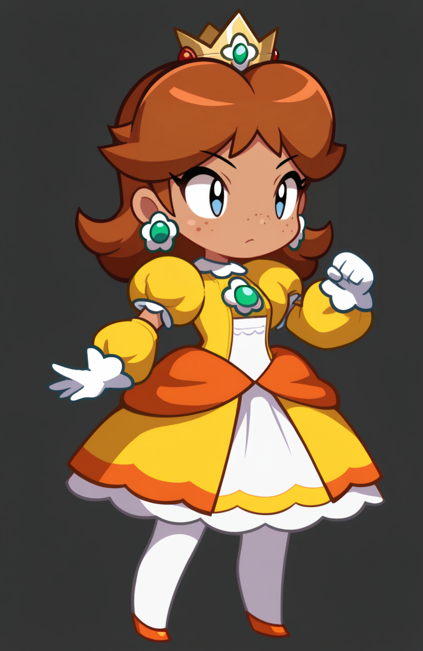 1girl, solo, full body,
Princess Daisy, brown hair, medium hair, freckles, tan-skinned female, classic princess dress, high collar, puffy long sleeves, white pantyhose, gloves, tiara,
<lora:ShantaeChibi:0.9> shntchibi, petite, chibi, extremely detailed, highres, masterpiece, best quality
