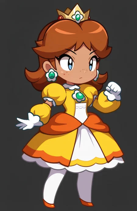 1girl, solo, full body,
Princess Daisy, brown hair, medium hair, freckles, tan-skinned female, classic princess dress, high collar, puffy long sleeves, white pantyhose, gloves, tiara,
<lora:ShantaeChibi:0.9> shntchibi, petite, chibi, extremely detailed, highres, masterpiece, best quality
