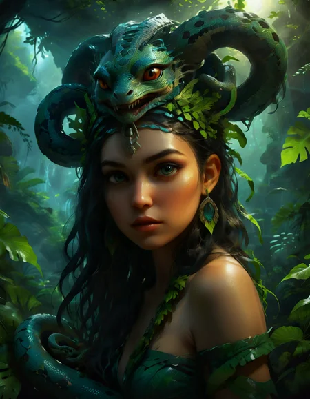 Capture the ethereal beauty of Ixchel, The Mesoamerican goddess of fertility, childbirth, and weaving, depicted as a young woman with a (serpent headdress:1.1), weaving snakes. Create a mysterious atmosphere by setting the bathed in moonlight scene on top of a pyramid amidst lush jungle. Use HDR and raytracing to enhance interplay of rich shadows and create an ultimate masterpiece
