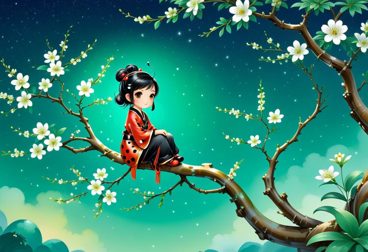 Sinoink, score_9, score_8_up, score_7_up, score_6_up, 1girl, chibi, anthro ladybug, sitting on flowery tree branch , made out ofjade, , fresh, refreshing iridiscent, night sky, magical orchard , bokeh,