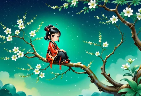 Sinoink, score_9, score_8_up, score_7_up, score_6_up, 1girl, chibi, anthro ladybug, sitting on flowery tree branch , made out ofjade, , fresh, refreshing iridiscent, night sky, magical orchard , bokeh,
