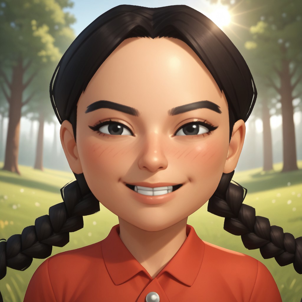 score_9, score_8, BREAK, solo, wii, mii, wii sports, 1girl, female mii, black eyes, black hair, twin braids, black eyebrows, blush, buck tooth, red clothing, black pants, shoes, nintendo mii, modern_mii, classic_mii, breasts, xiao-tong_(wii_sports), cute, sexy pose, smile, outdoors, sunlight, shadows, evening lighting, natural lighting, forest, trees, grass, orange sky, sunset