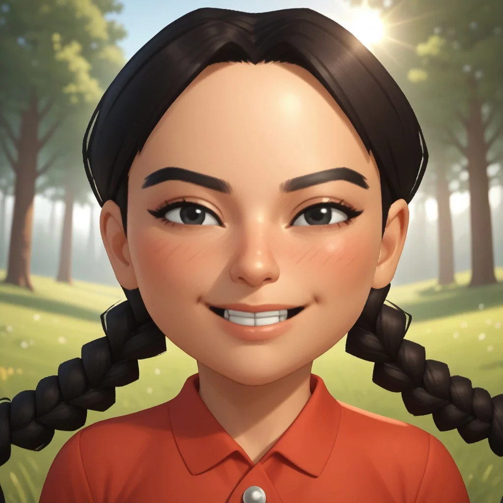 score_9, score_8, BREAK, solo, wii, mii, wii sports, 1girl, female mii, black eyes, black hair, twin braids, black eyebrows, blush, buck tooth, red clothing, black pants, shoes, nintendo mii, modern_mii, classic_mii, breasts, xiao-tong_(wii_sports), cute, sexy pose, smile, outdoors, sunlight, shadows, evening lighting, natural lighting, forest, trees, grass, orange sky, sunset