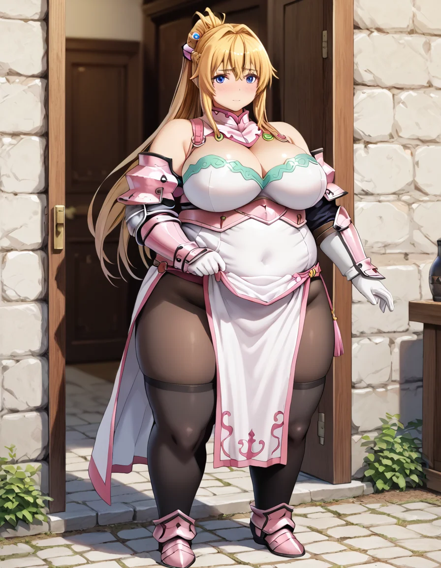 Ponyscores7, expressiveh, perfect face, perfect eyes, detailed face, detailed eyes, dickerchen, 1girl, solo, full body, ButaAnrietta, blonde hair, long hair, ponytail, hair ornament, blue eyes, large breasts, cleavage, bare shoulders, cleavage cutout, black pantyhose, gloves, knight, white thighhighs, armor, detached sleeves, pelvic curtain, looking at viewer, embarrased, blush, obese